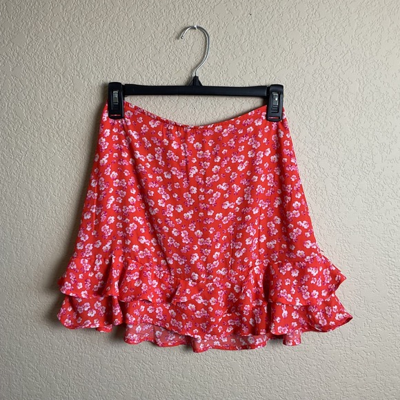 Blue Rain Dresses & Skirts - Blue Rain Womens XS Orange Floral Mini Skirt Boho Zip‎ Back Ruffles